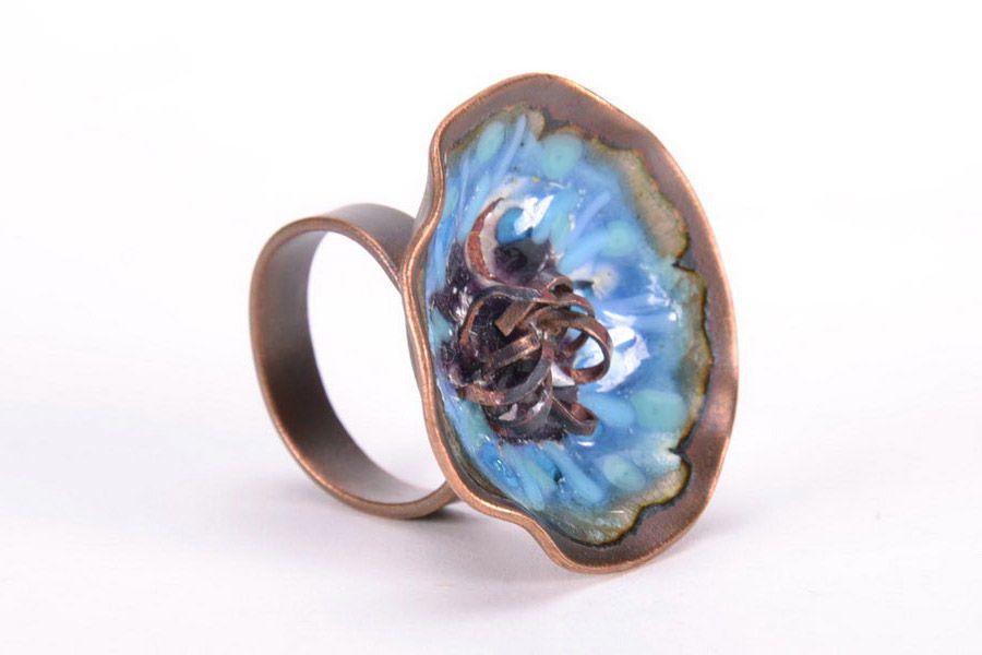 Handmade Fingerring aus Kupfer Blaue Blume foto 4
