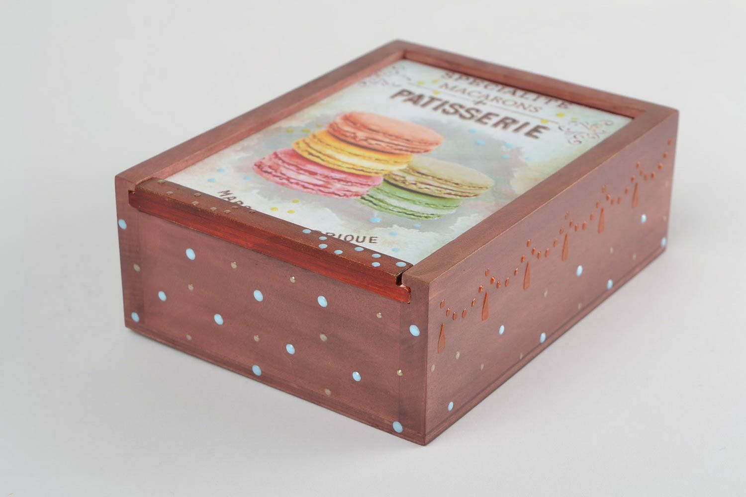 Caja para té de madera hecha a mano decorada de decoupage original estilosa foto 3