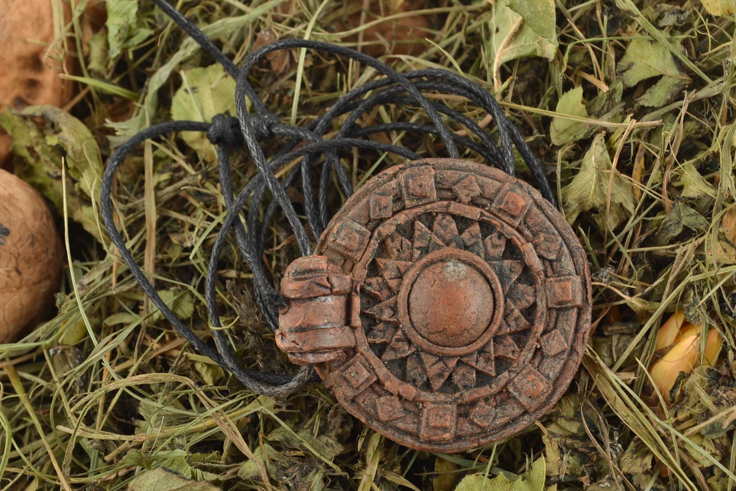Handmade clay pendant with cord photo 1