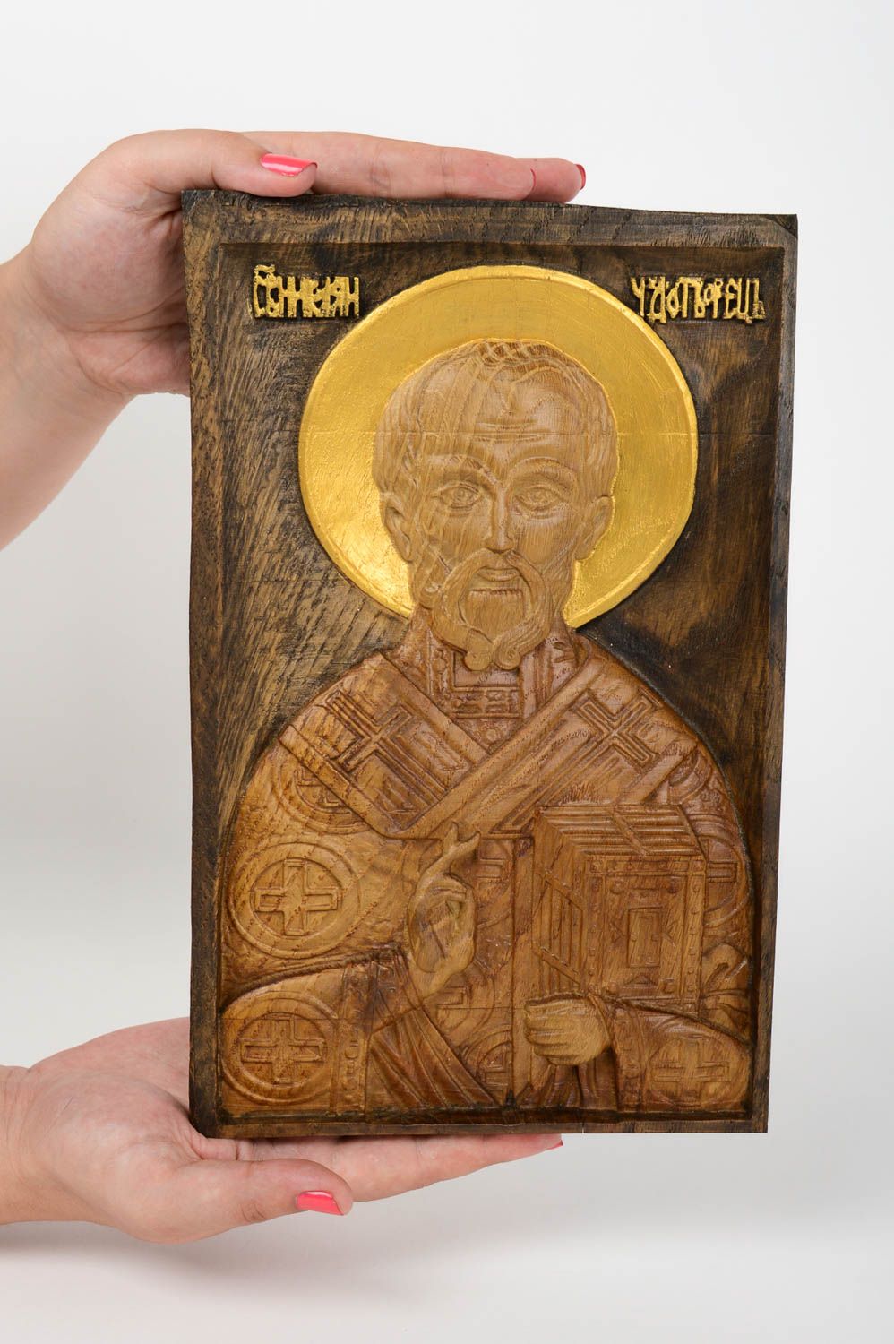 Икона ручной работы икона святого Николая православная икона резная красивая фото 5