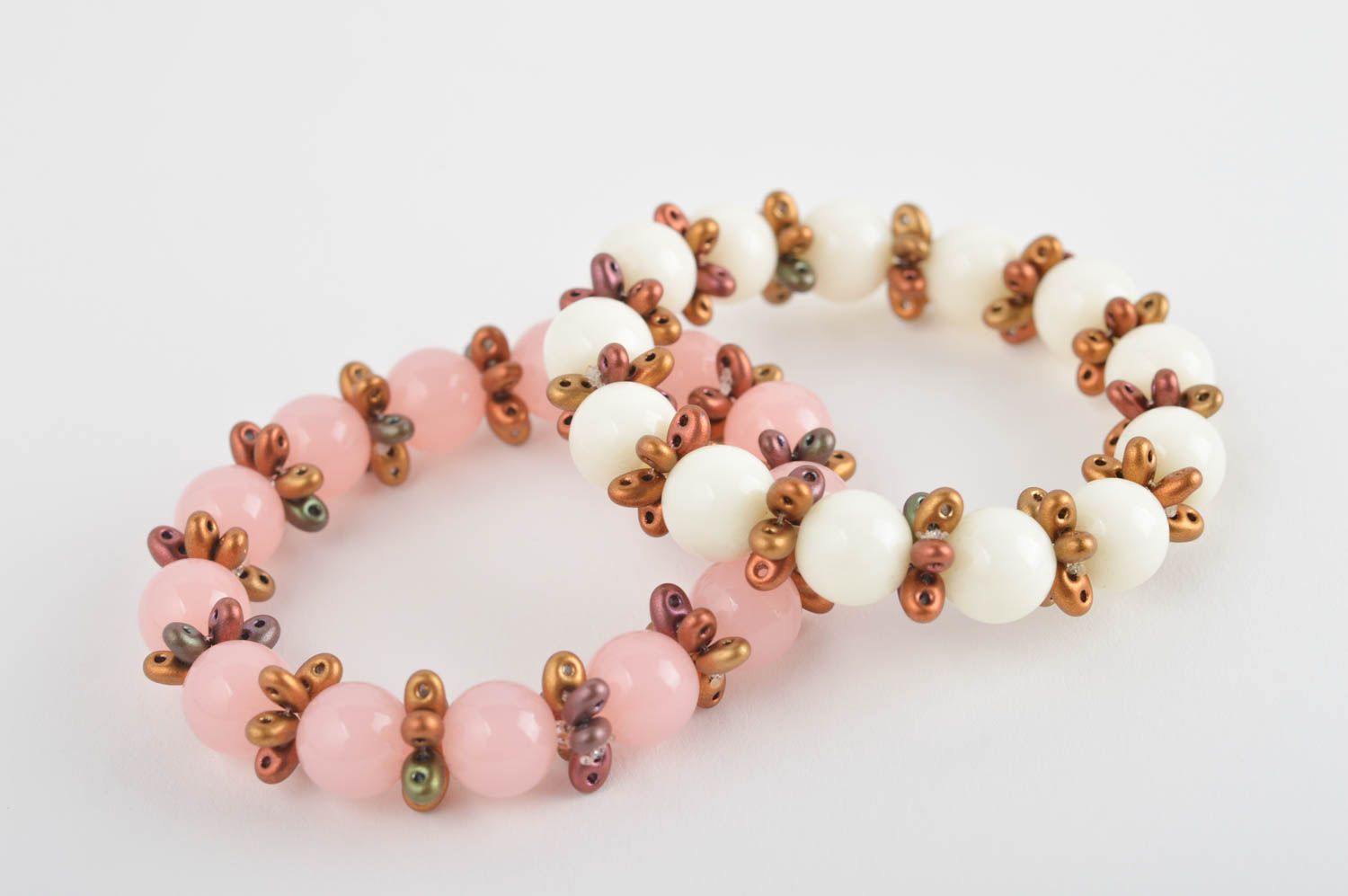 Pink and white handmade two-row beaded bracelet on elastic cord for women and girls photo 2