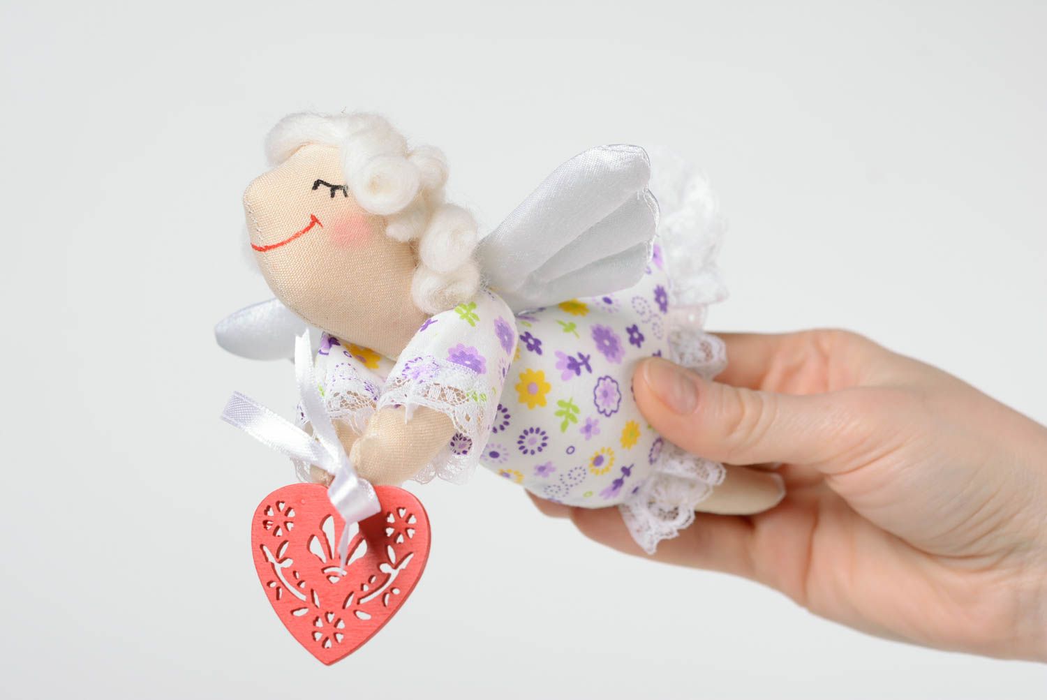 Handmade interior wall hanging cotton fabric soft toy angel with red heart photo 5