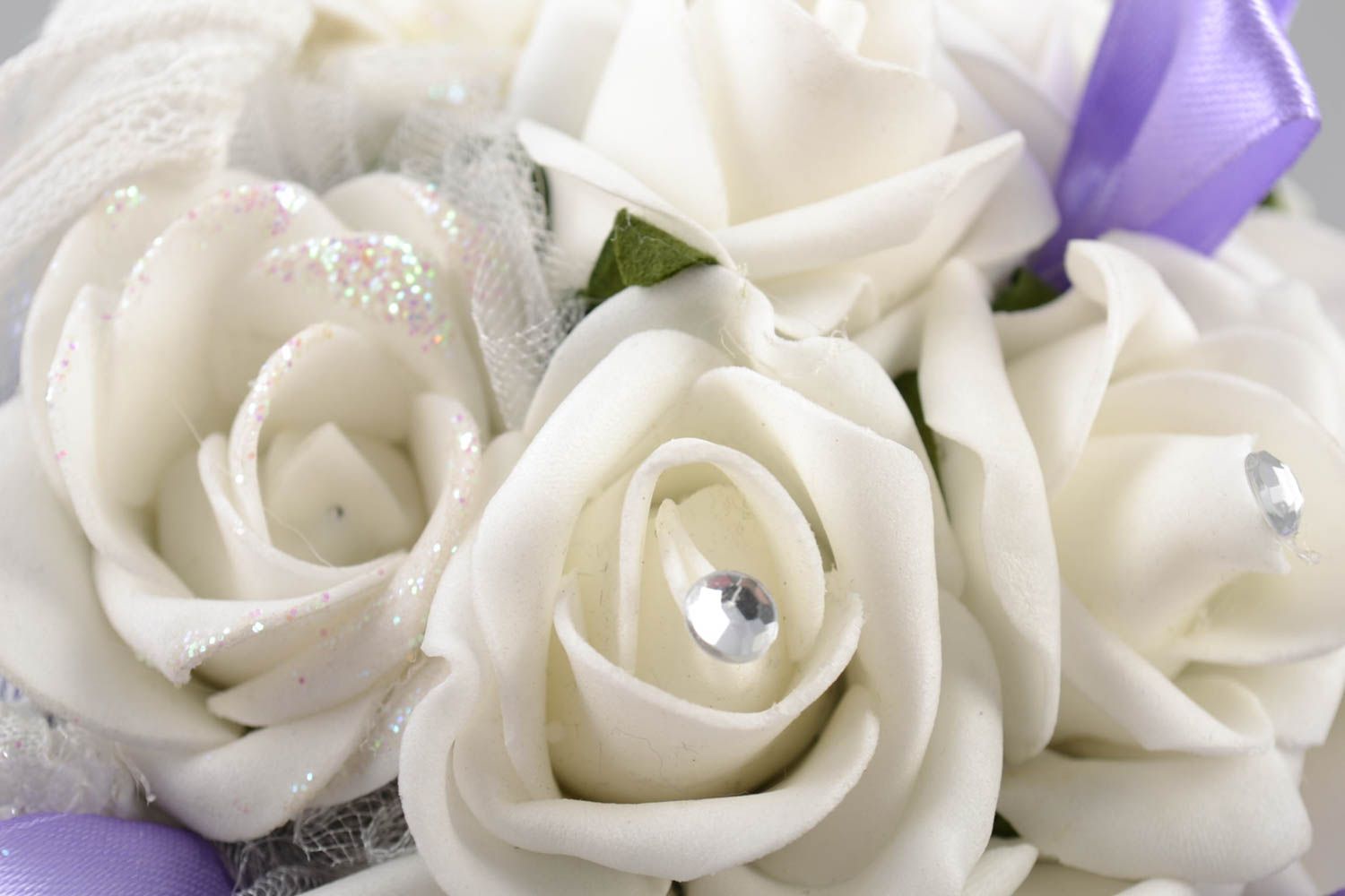 Handmade beautiful wedding bouquet made of foamiran in shape of white roses photo 4