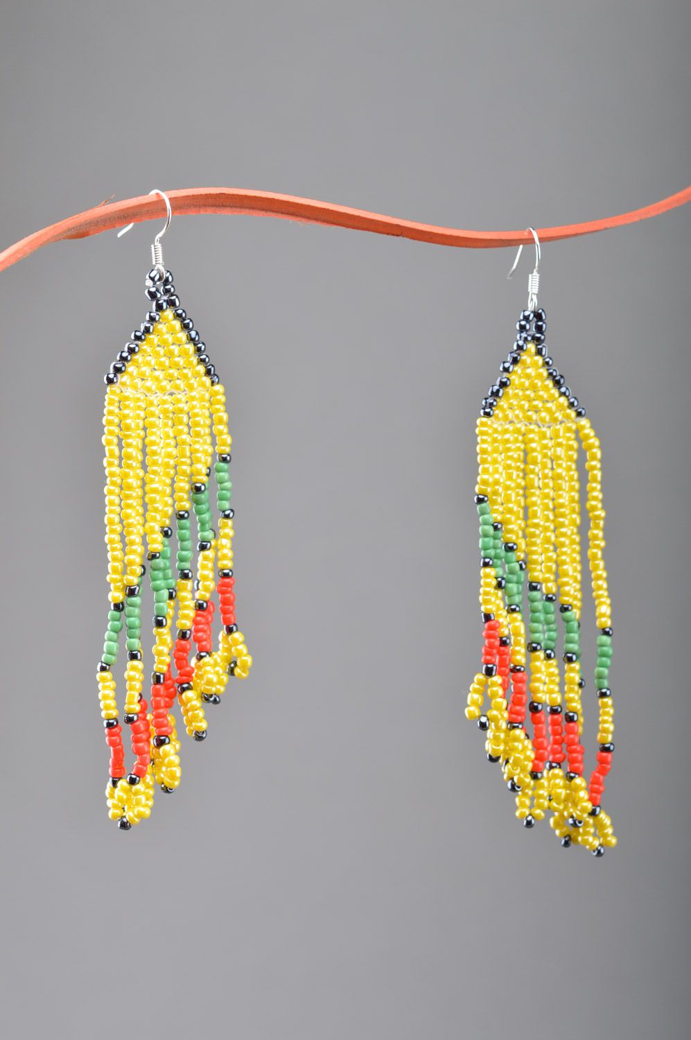 Handmade colorful yellow beaded dangle earrings with long fringe  photo 5