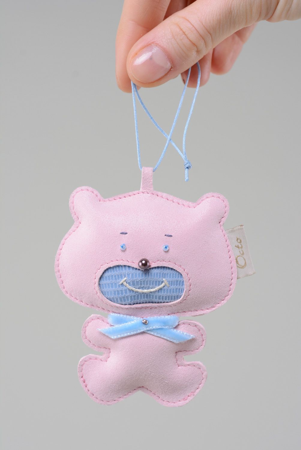 Homemade genuine leather key fob in the shape of cute pink bear charm for bag photo 3