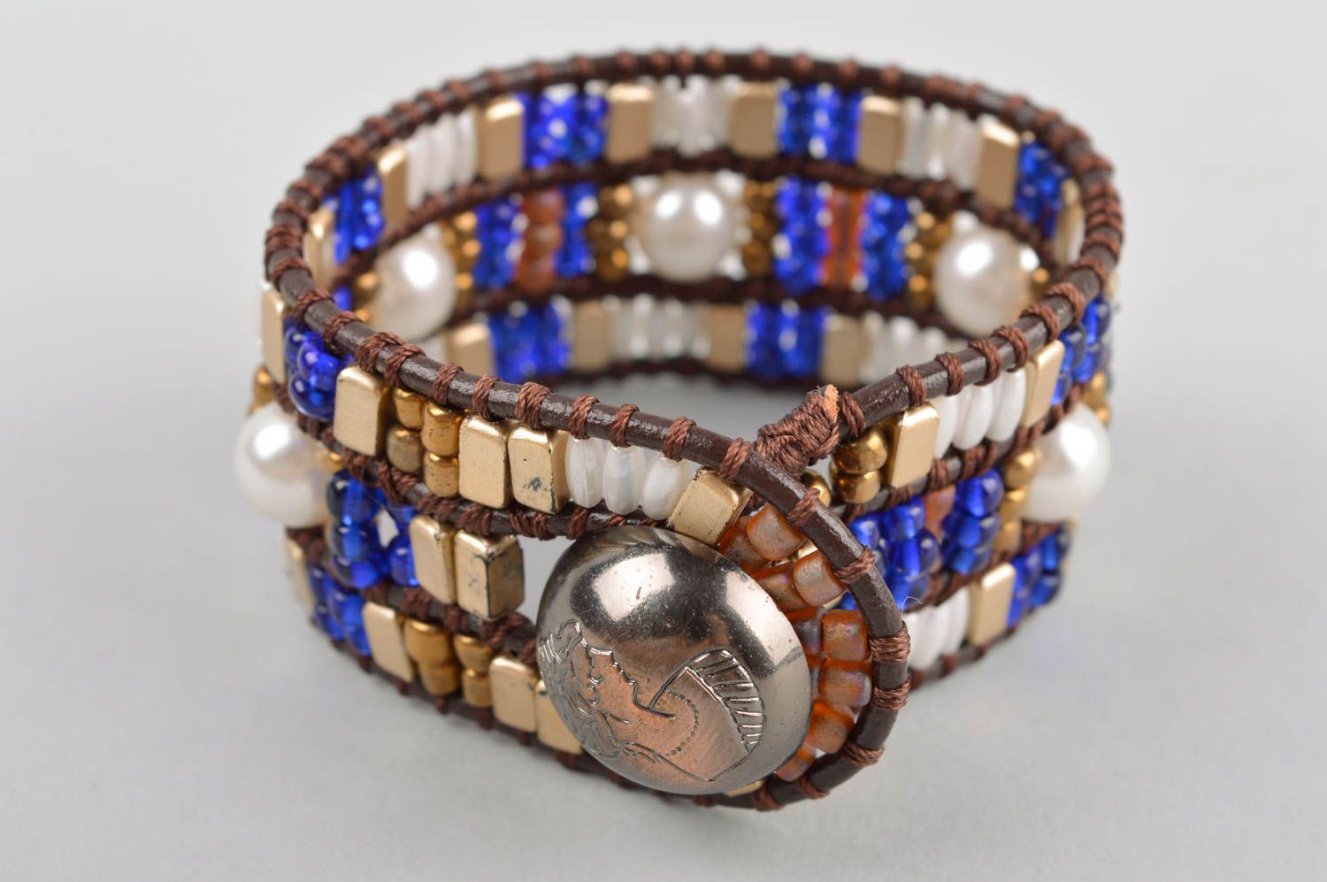 Large Bracelet perles rocaille cuir Bijou fait main bleu Accessoire femme design photo 3