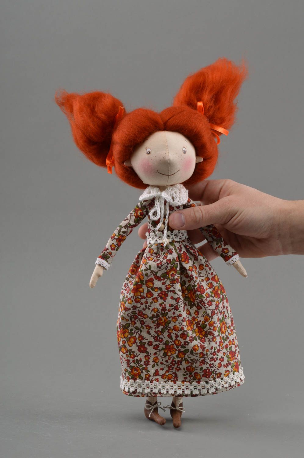 Designer handmade interior doll made of fabric on stand Red haired girl photo 4