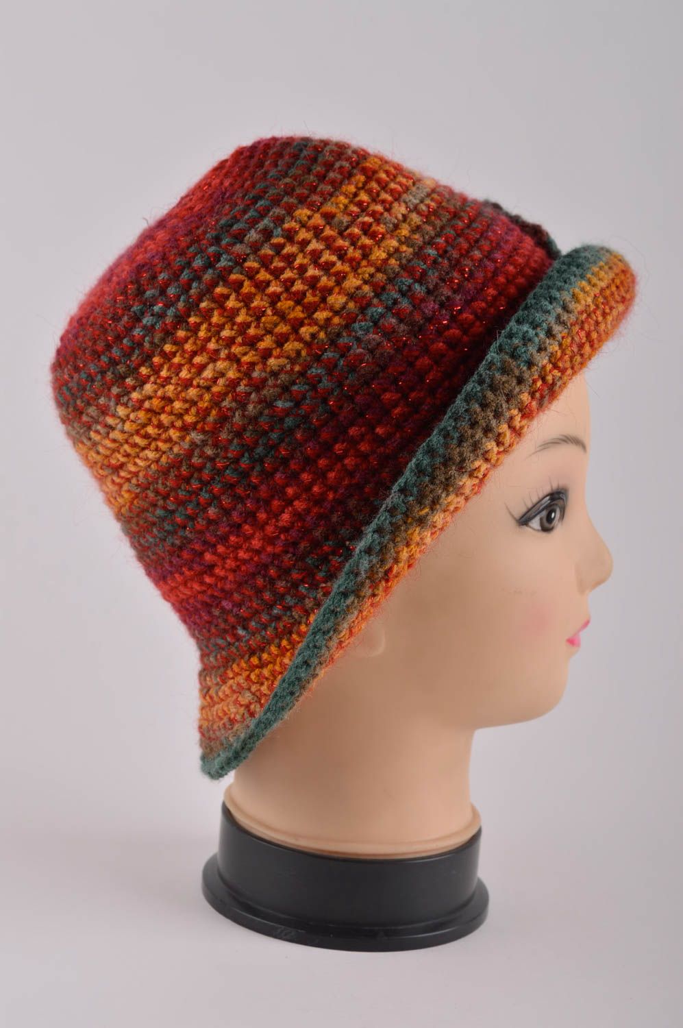 Женская шляпа ручной работы вязаная шляпа красочная головной убор необычный фото 4
