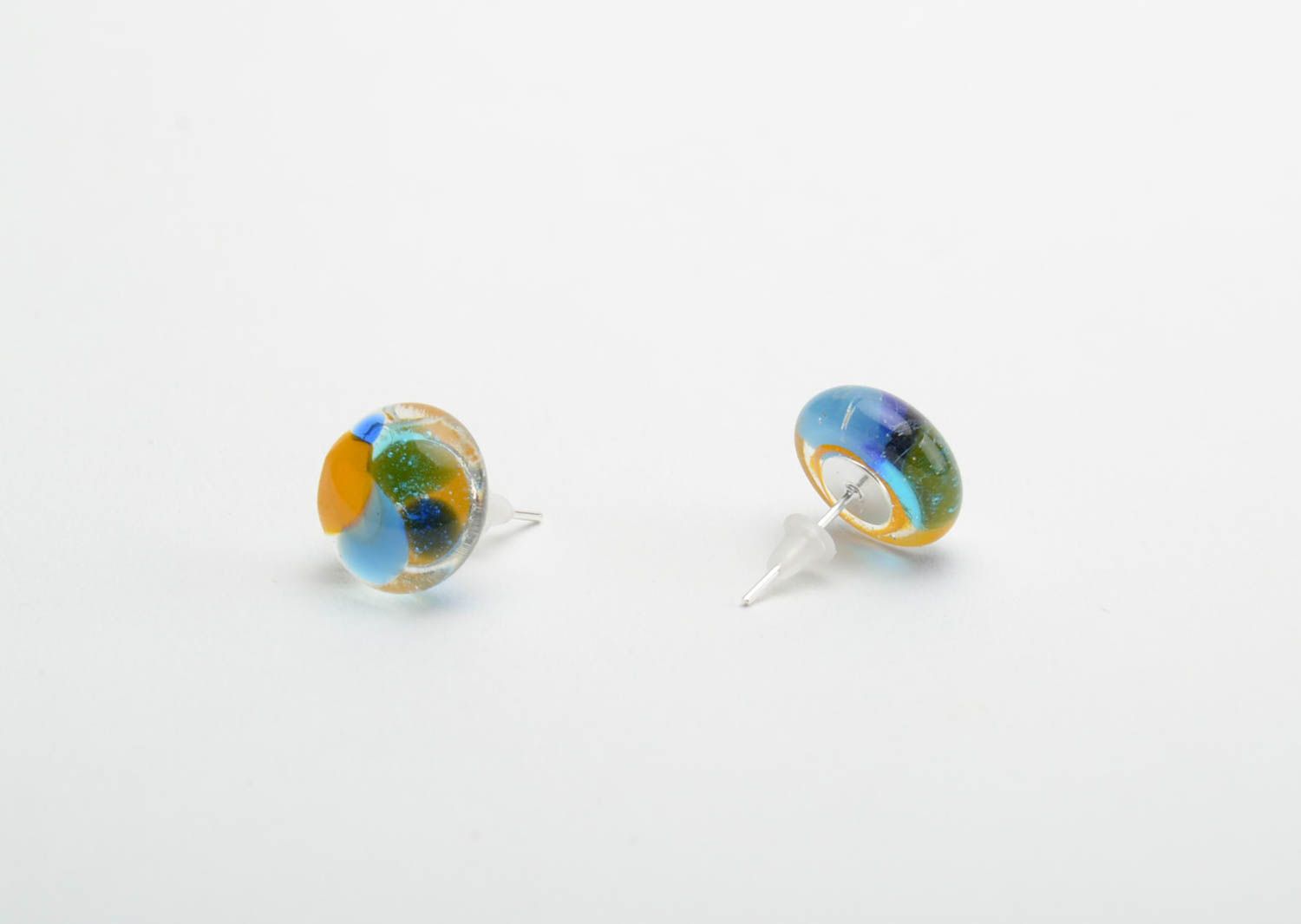 Small stud earrings round-shaped colored blue with yellow glass handmade jewelry photo 3