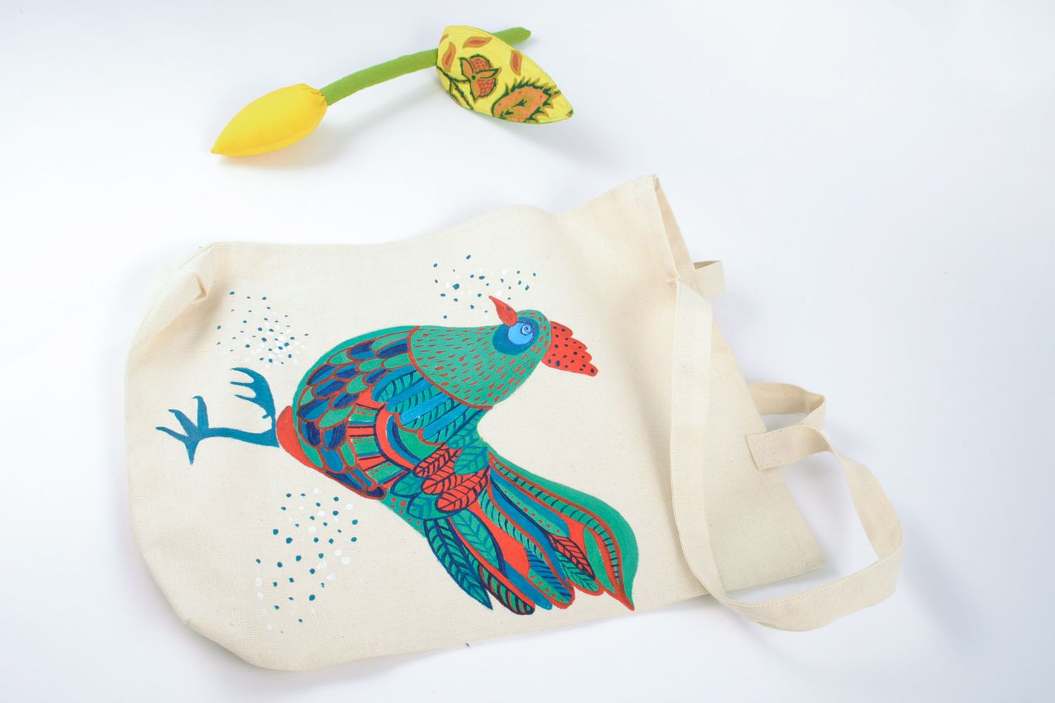 Текстильная сумка из конопляной ткани с нарисованным петухом фото 1