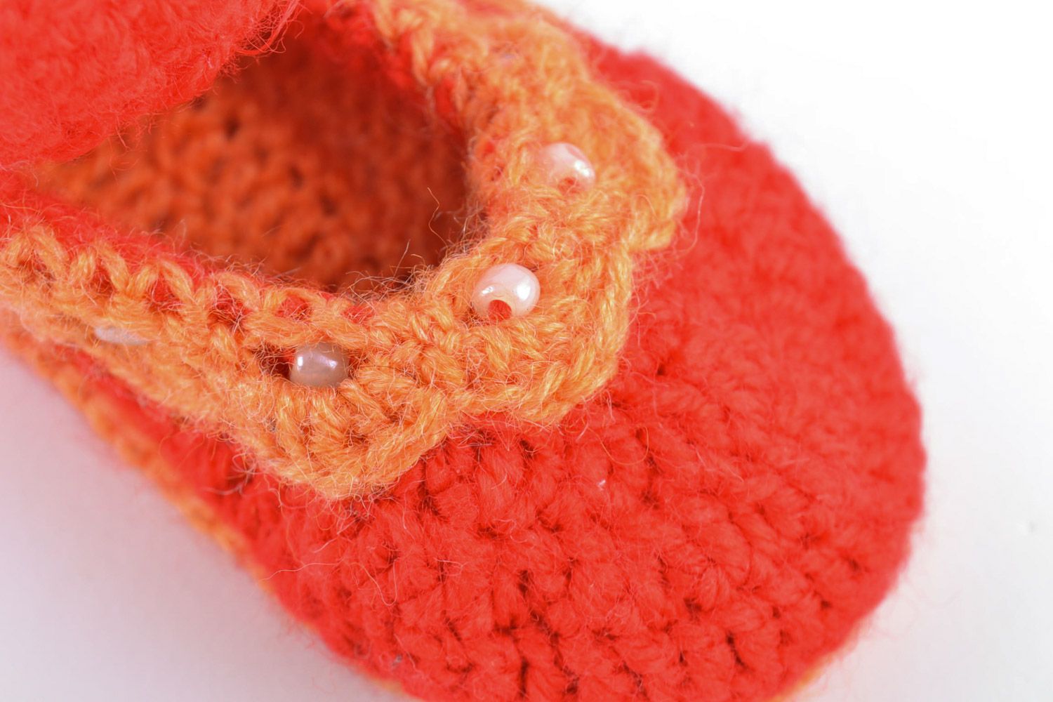 Handmade red knitted cotton baby booties in the shape of sandals  photo 3