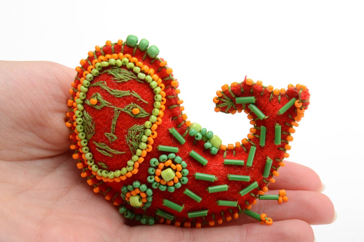 Orange handmade textile velor brooch fish embroidered with beads and threads photo 5