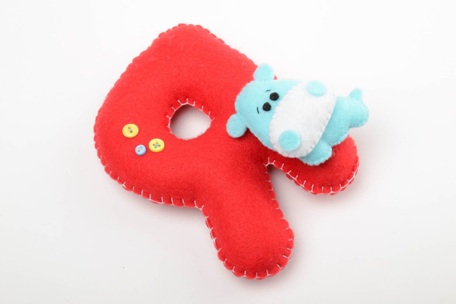 Handmade small red felt educational soft toy letter Я with blue hippo for kids photo 2