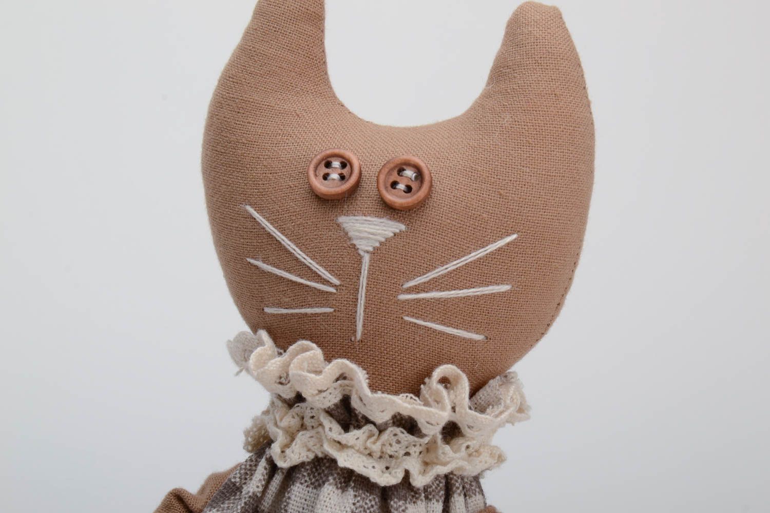 Handmade designer cotton fabric soft toy brown cat girl in checkered dress photo 3