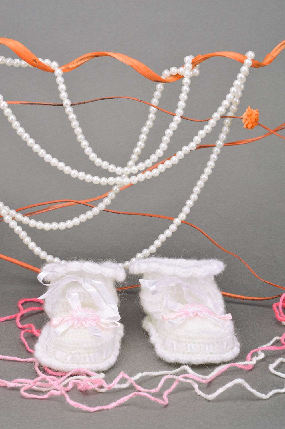 Summer small handmade booties for a girl with elegant white ribbons  photo 1