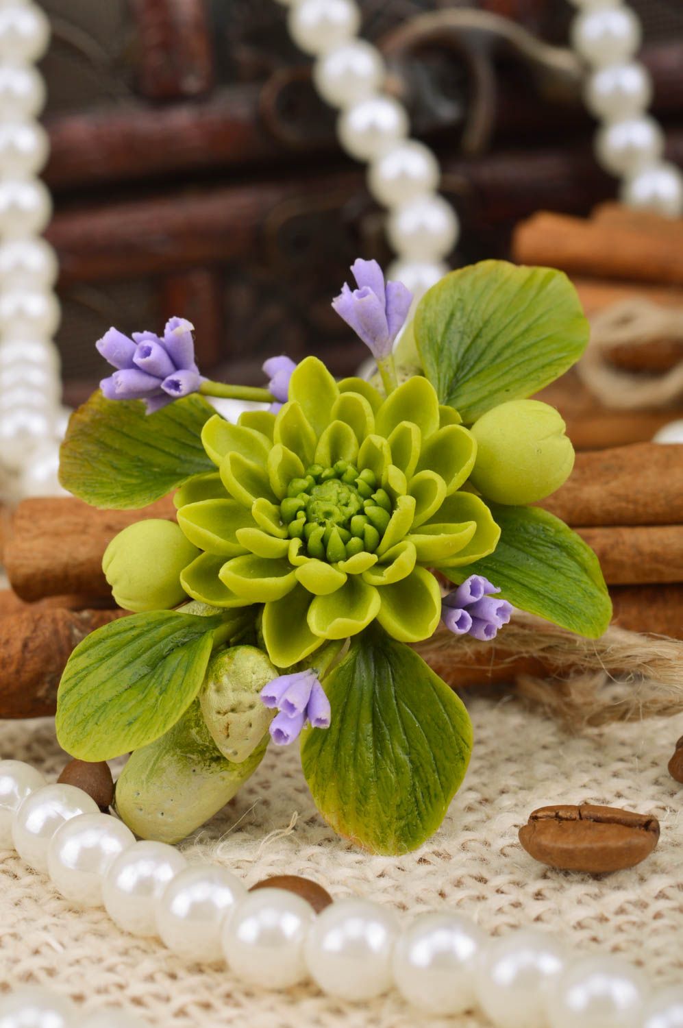 Handmade hairpin with polymer clay flower green and purple photo 1