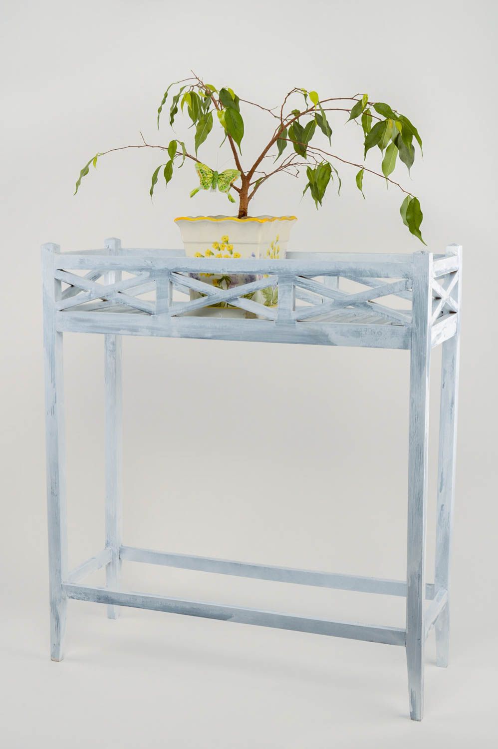 Support pour 3 pots de fleurs en bois de pin fait main table bleu clair photo 1