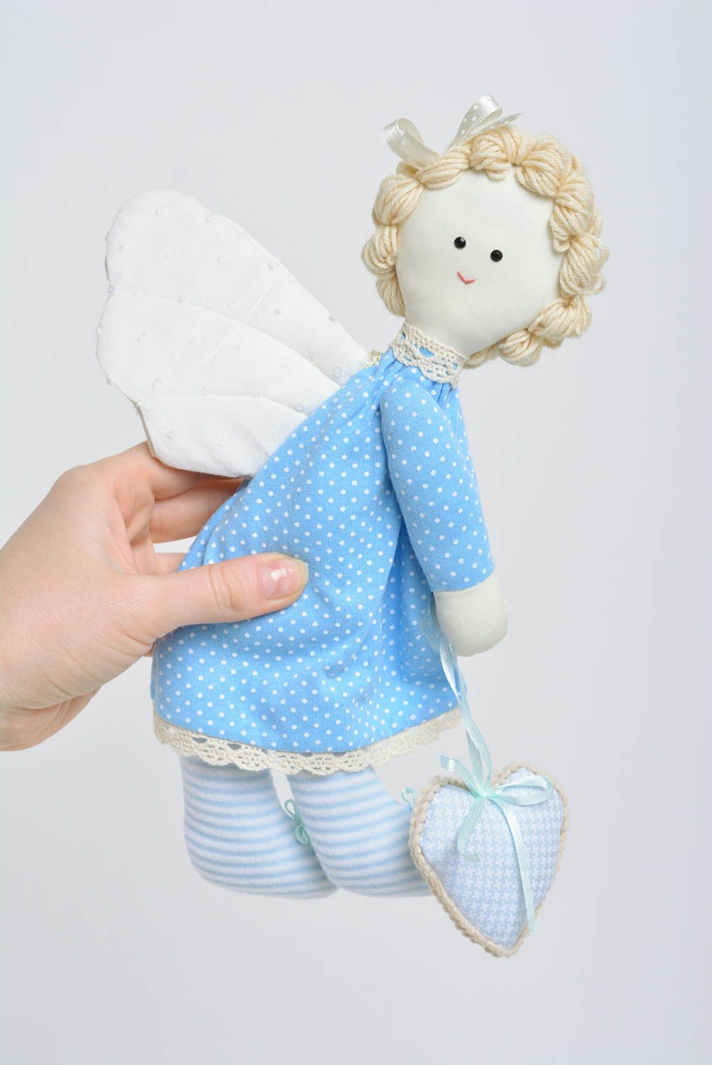 Handmade interior wall hanging soft toy sewn of cotton fairy in blue costume photo 3