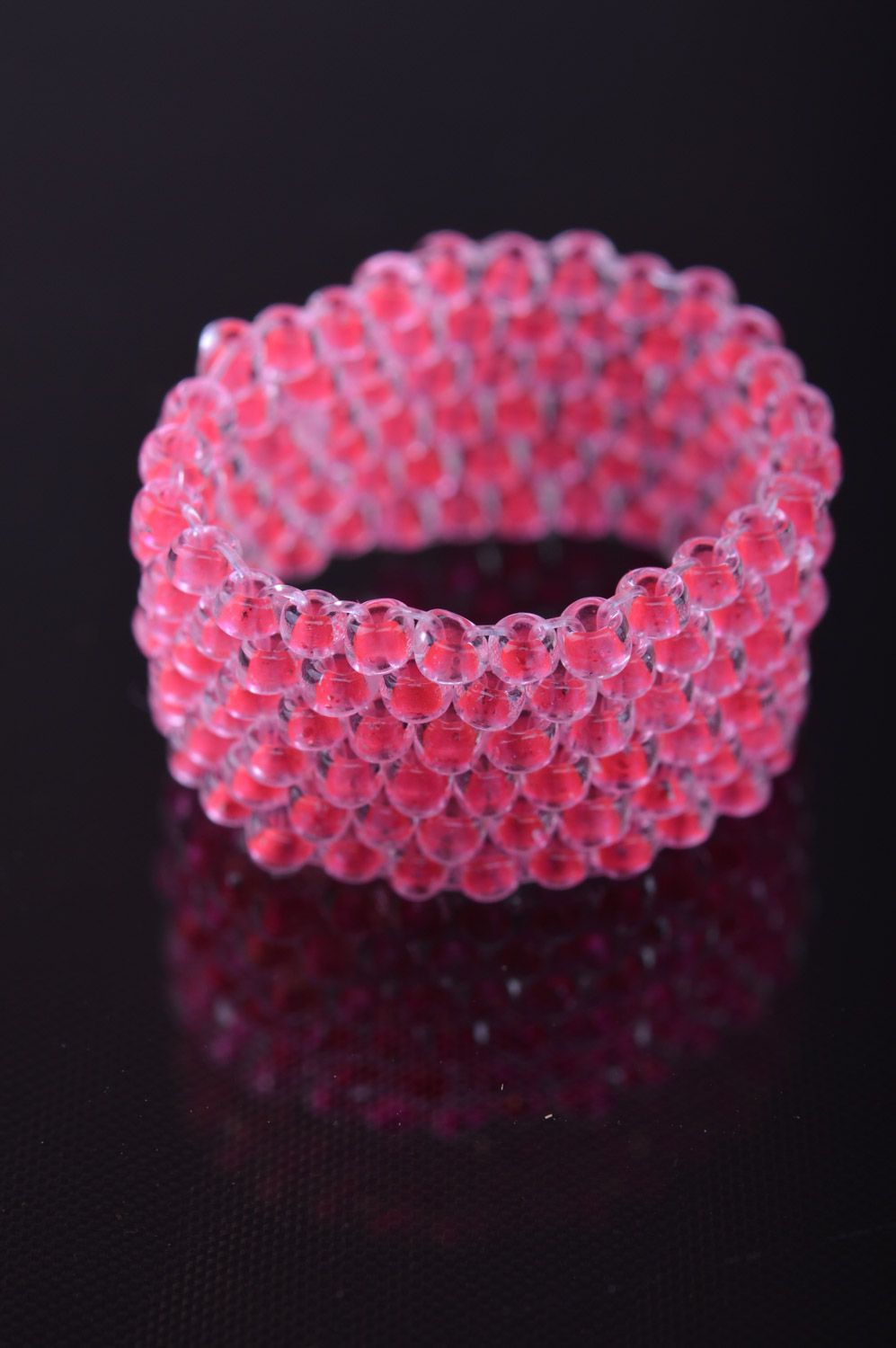 Handmade simple ring woven of beads of pink color and fishing line for girls photo 2