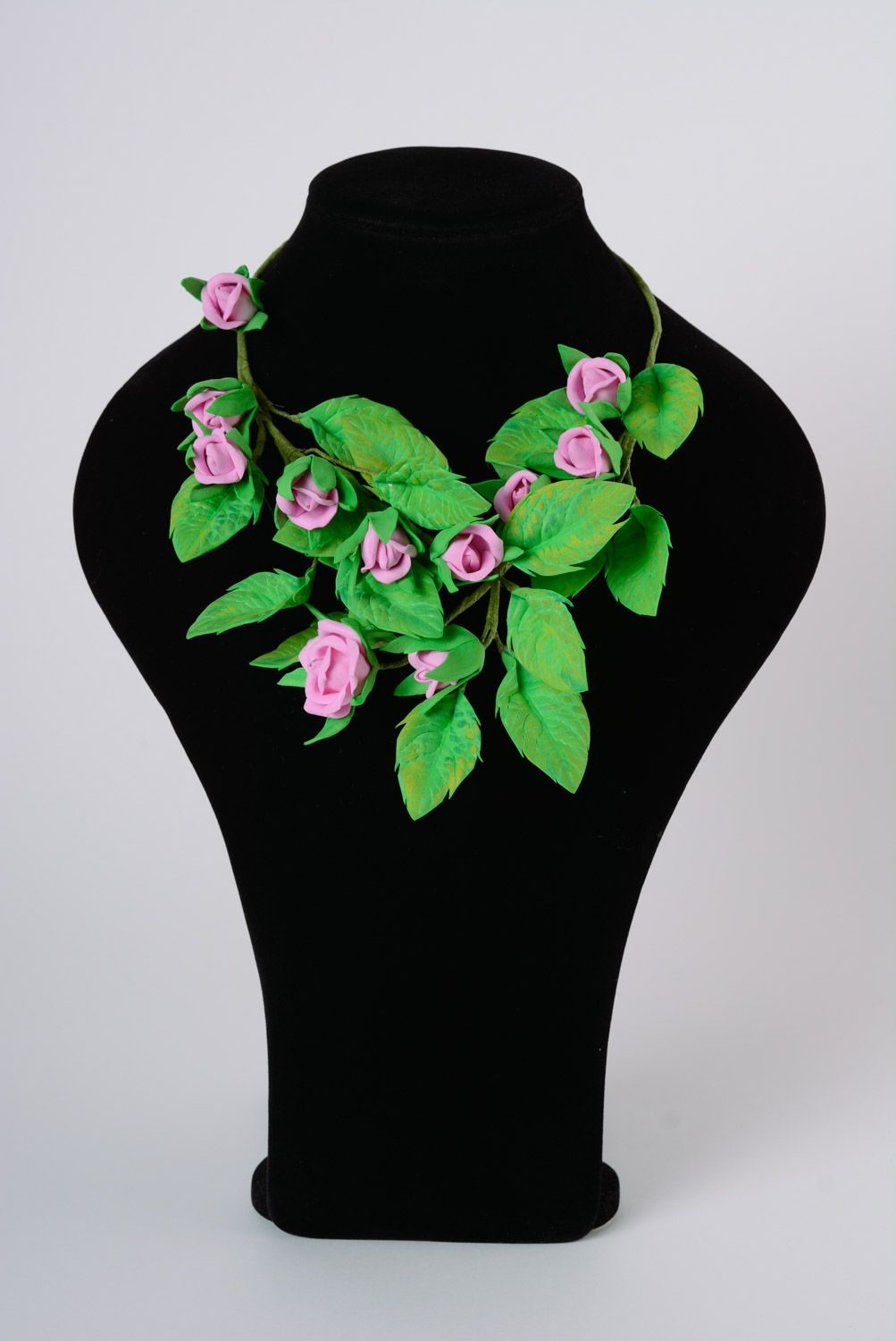 Handmade plastic suede flower necklace of green color with lilac roses photo 1