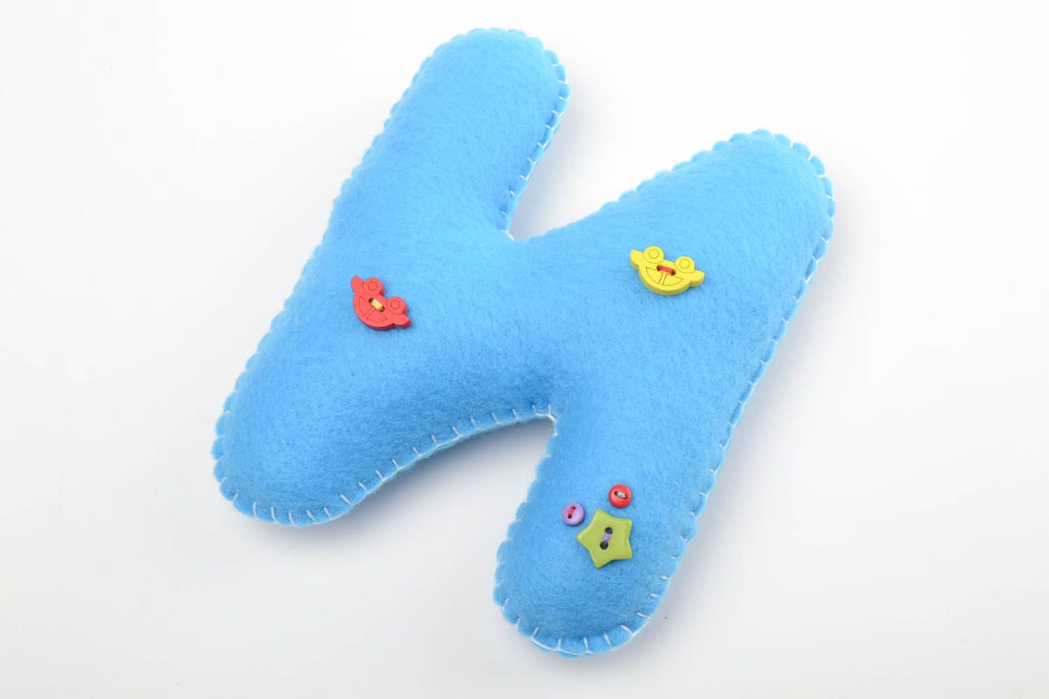 Handmade small blue felt educational soft toy letter N with decor for children photo 2