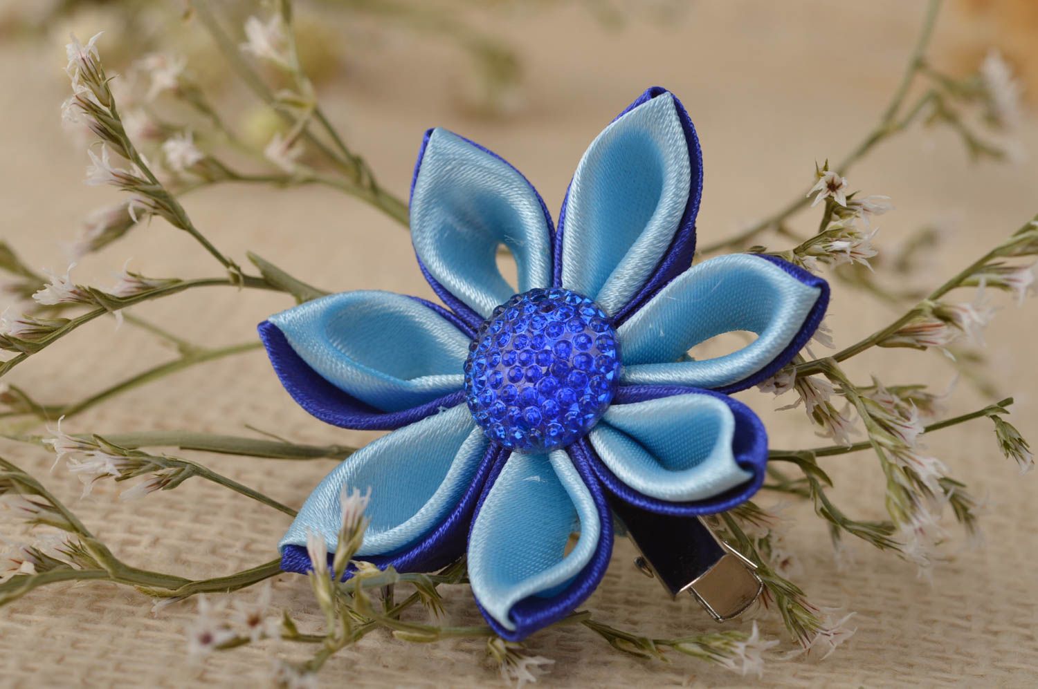 Unusual handmade textile barrette flower hair clip kanzashi flowers gift ideas photo 1
