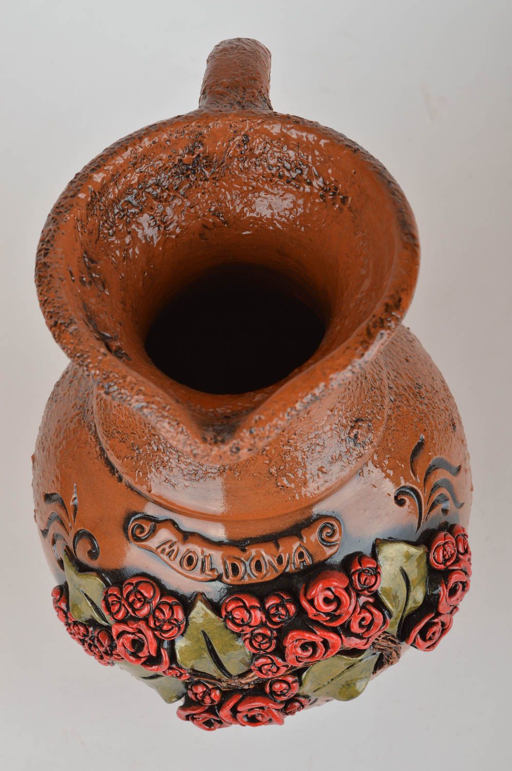 Cruche en argile avec fleurs faite main vaisselle peinte poterie brune 3 L photo 2