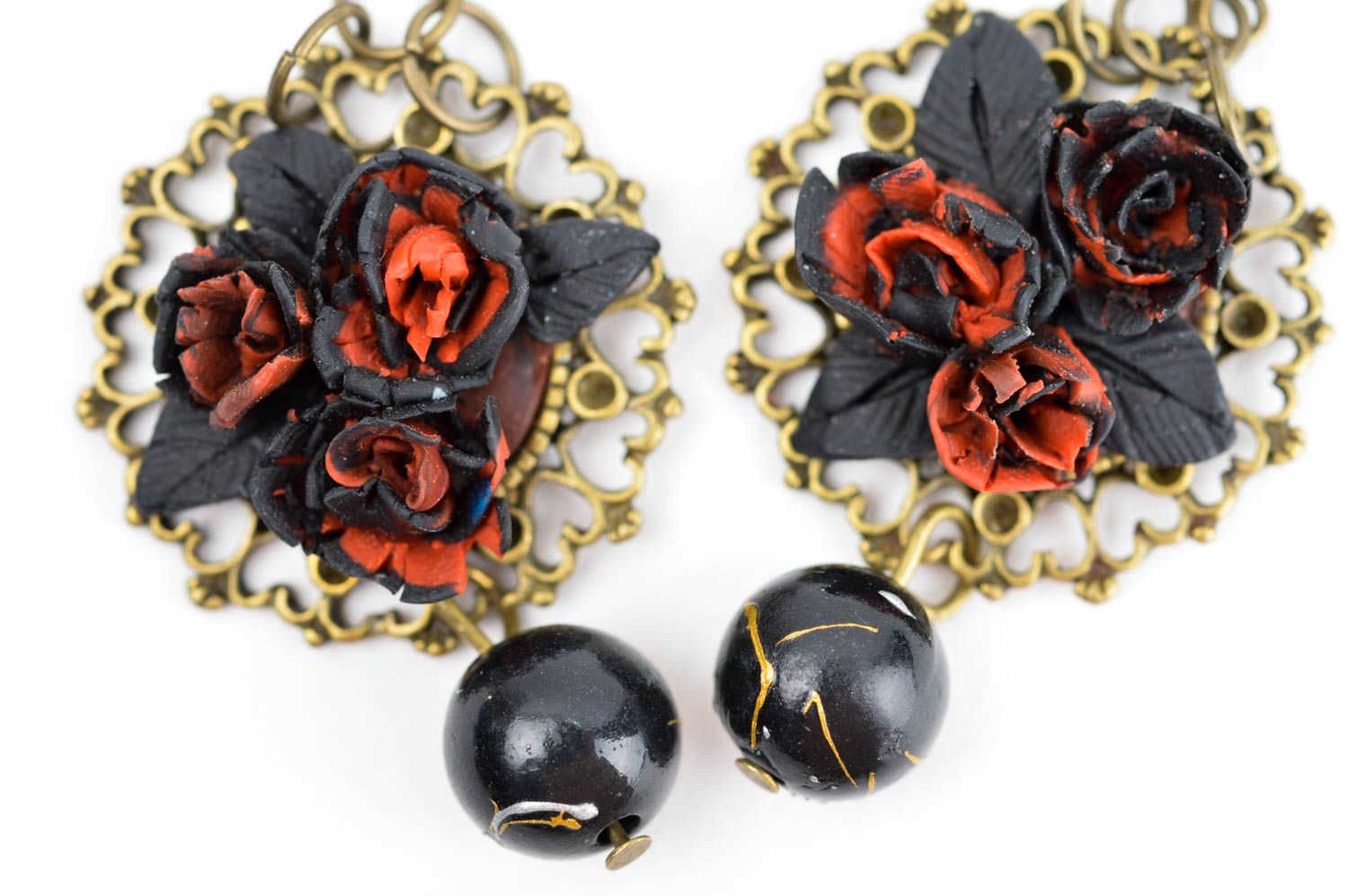 Schwarz rote Blumen Ohrringe handmade Polymer Schmuck Accessoire für Frauen foto 5