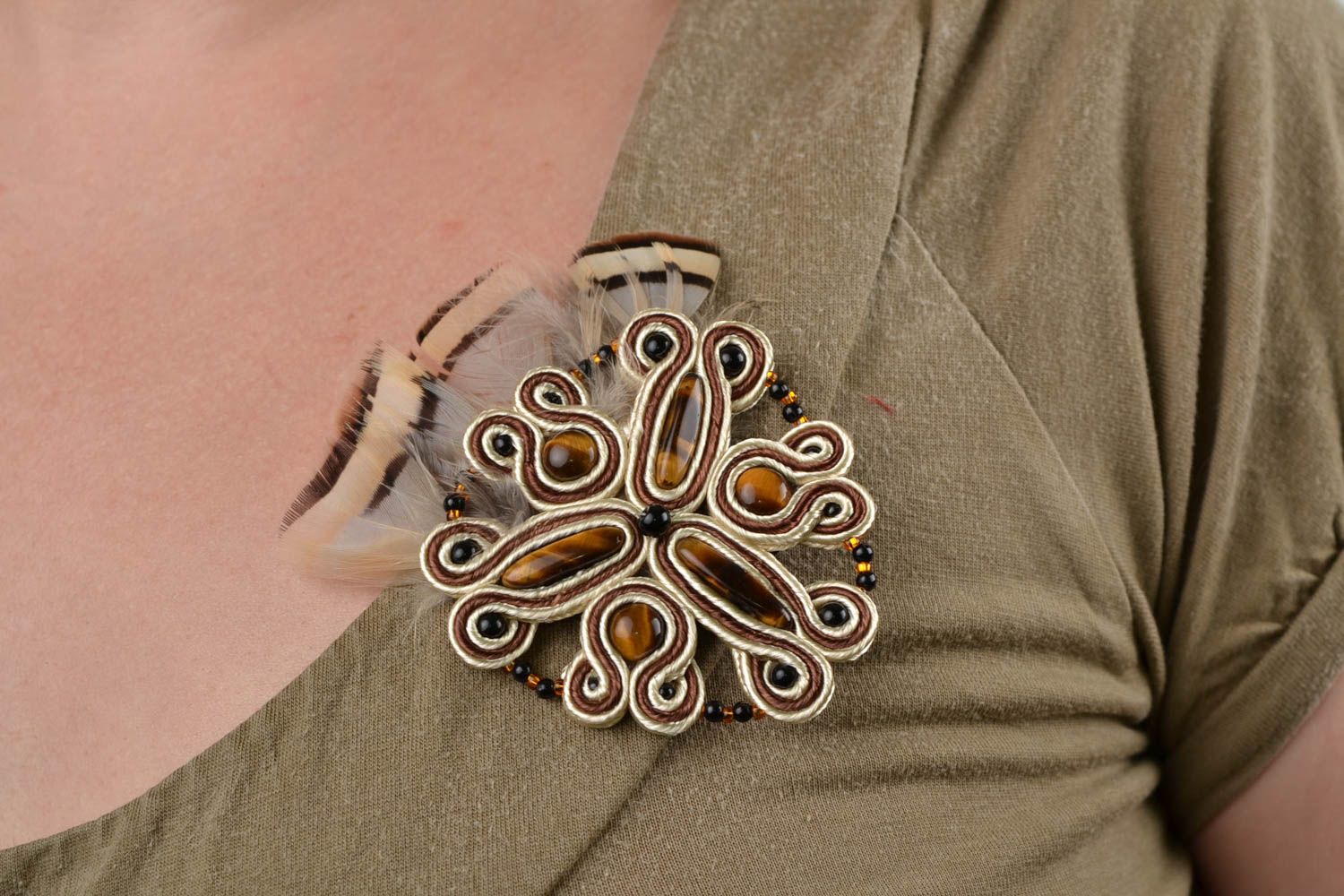 Handmade designer soutache brooch with natural tiger's eye stone and feathers photo 2