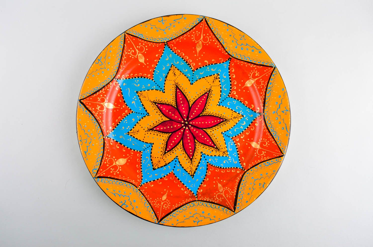 Декоративная тарелка ручной работы расписная тарелка орнжевая красивая тарелка фото 5