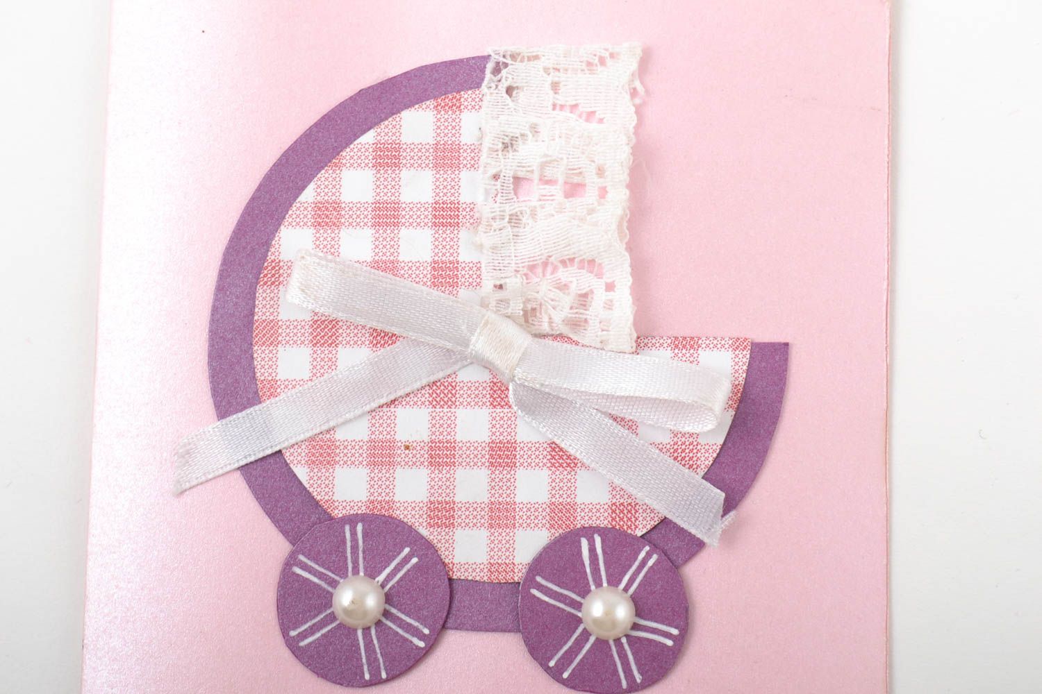 Carte de voeux naissance faite main rose avec poussette Petit cadeau original photo 2