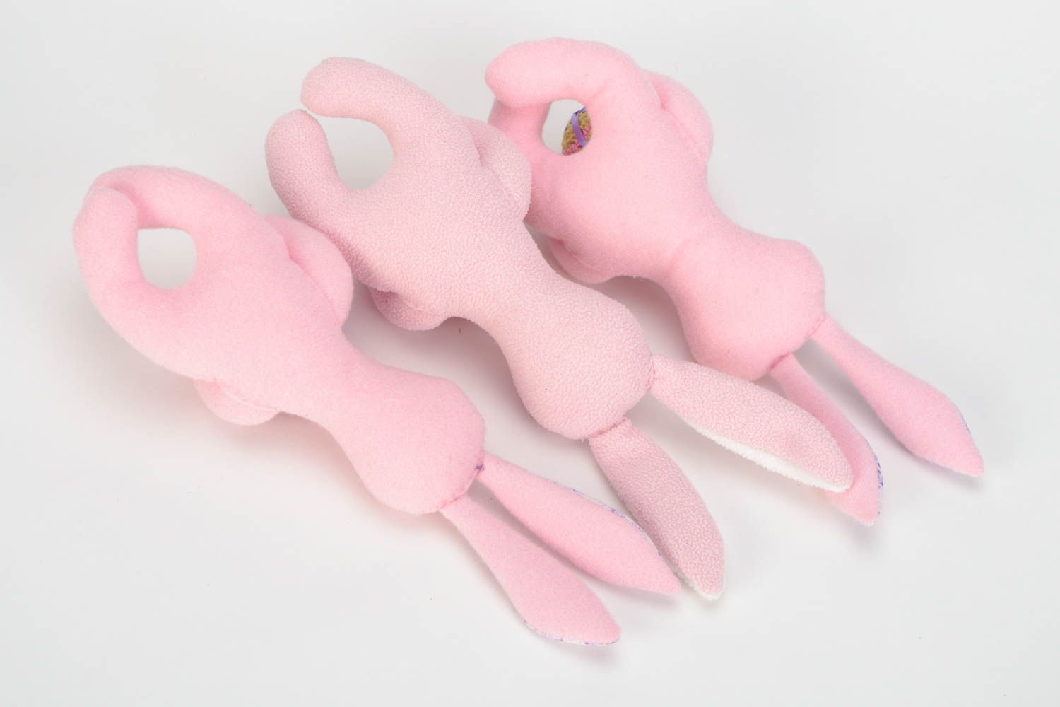 Set of handmade fabric toys Bunnies 3 pieces beautiful pink fleece toys with eggs photo 5