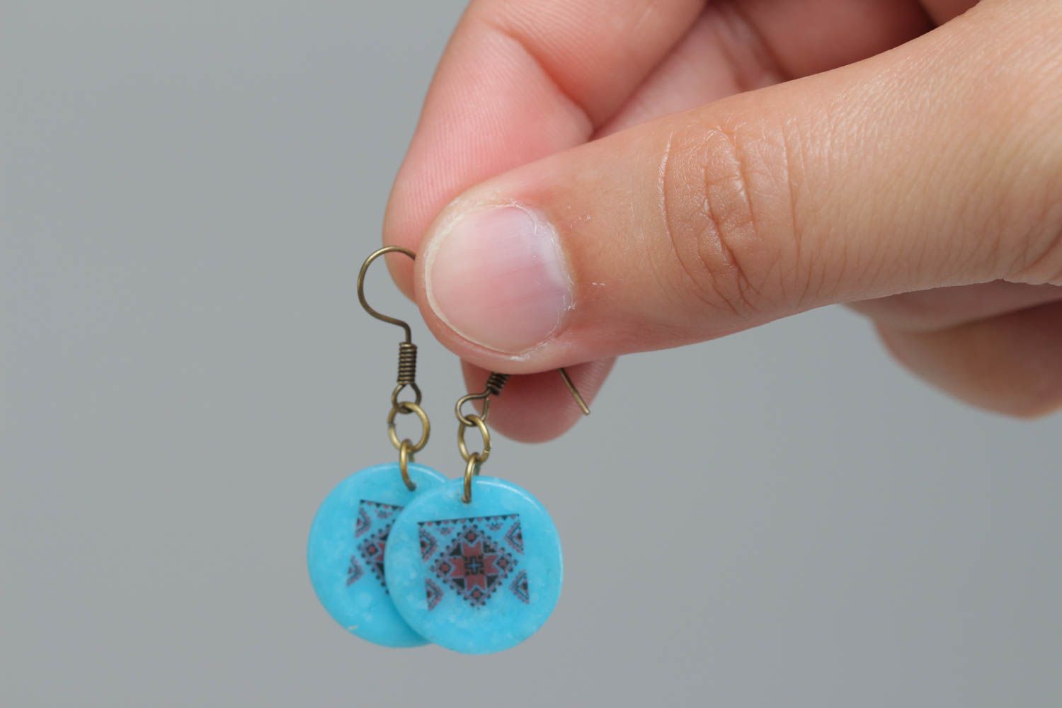 Handmade round designer earrings made of polymer clay with beautiful ethnic patterns photo 5