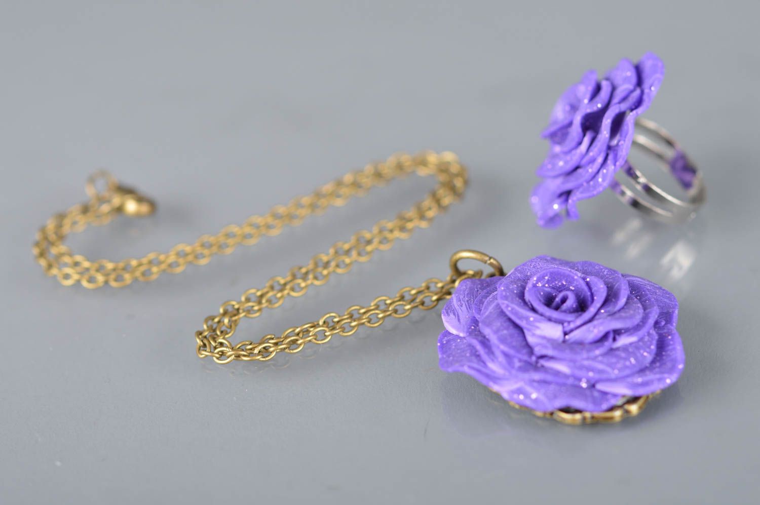 Beautiful homemade designer polymer clay flower ring and pendant jewelry set photo 2