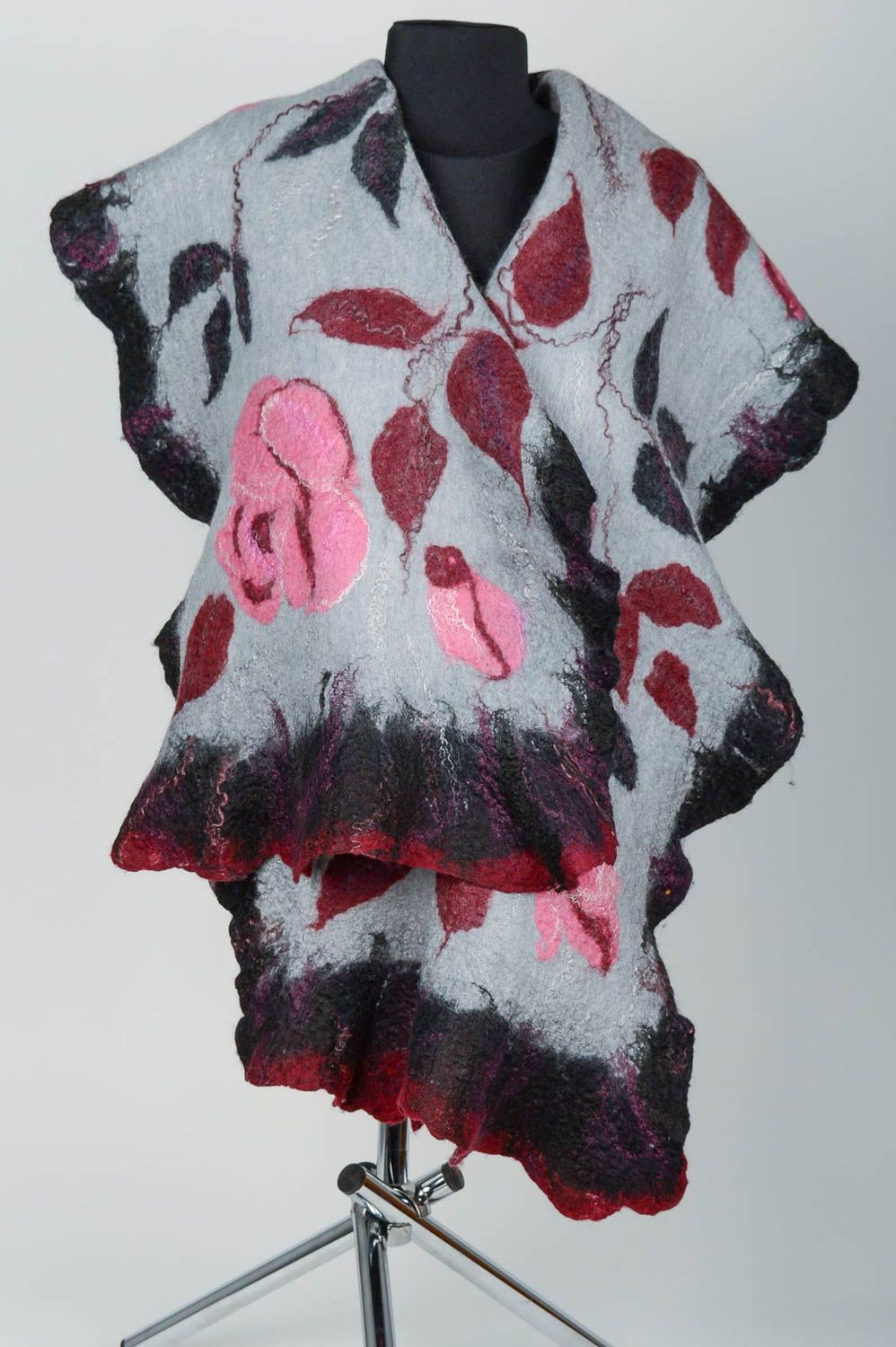 Écharpe femme large Châle fait main Idée cadeau en laine et soie à motif floral photo 1