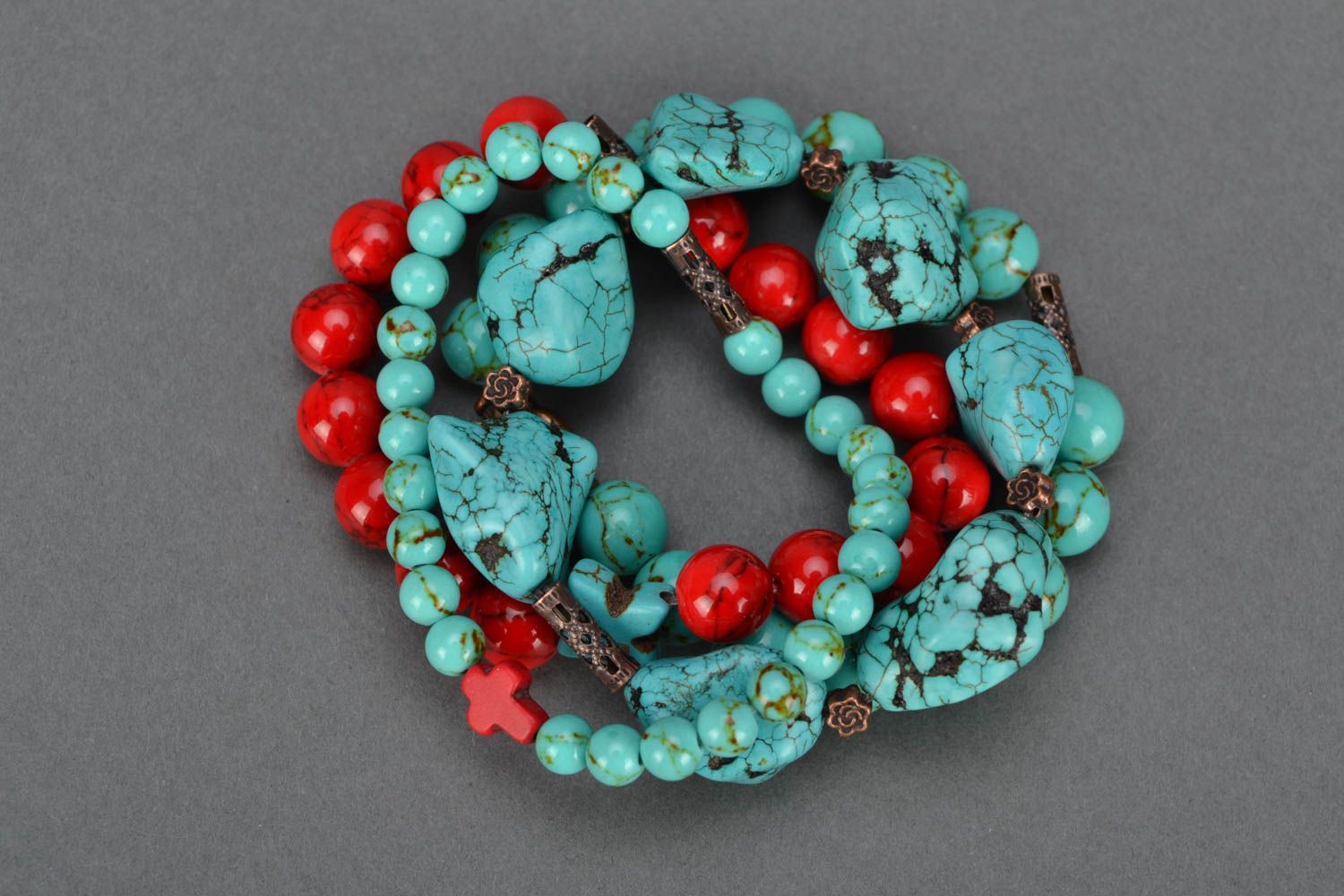 Natural stone bracelet of red and turquoise colors photo 3