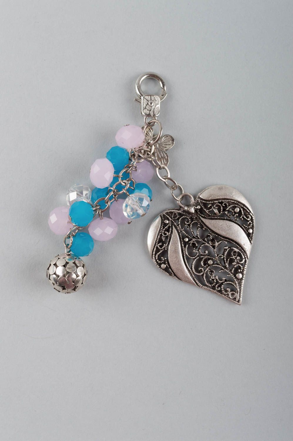 Beautiful handmade metal keychain with glass beads and heart shaped charm photo 2