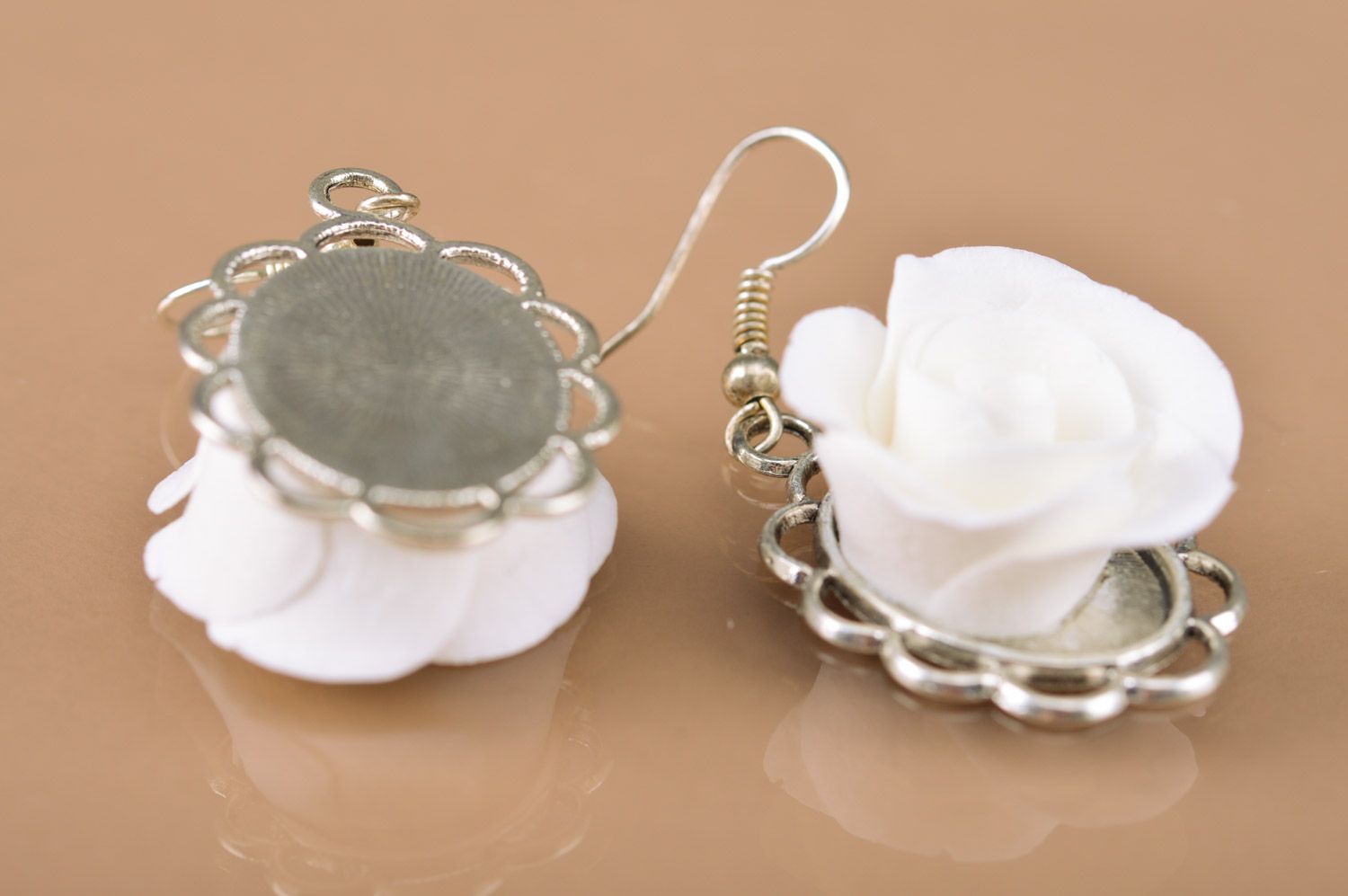 Beautiful festive elegant handmade polymer clay flower earrings in the shape of white roses  photo 3