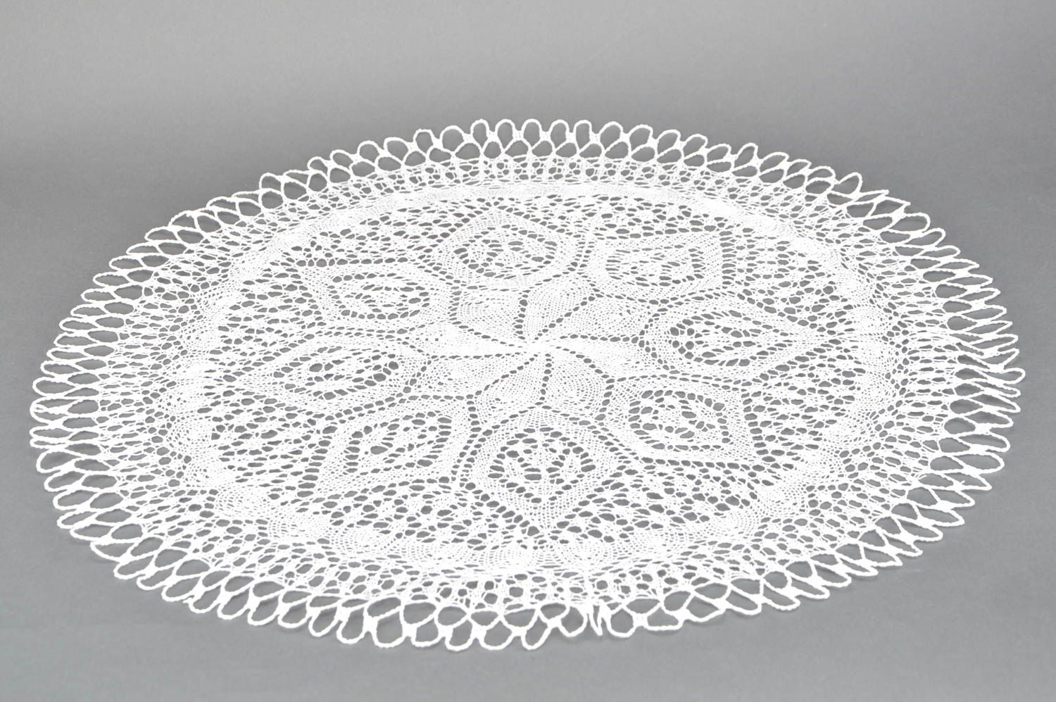 Big white designer round napkin made of cotton threads crocheted manually photo 3