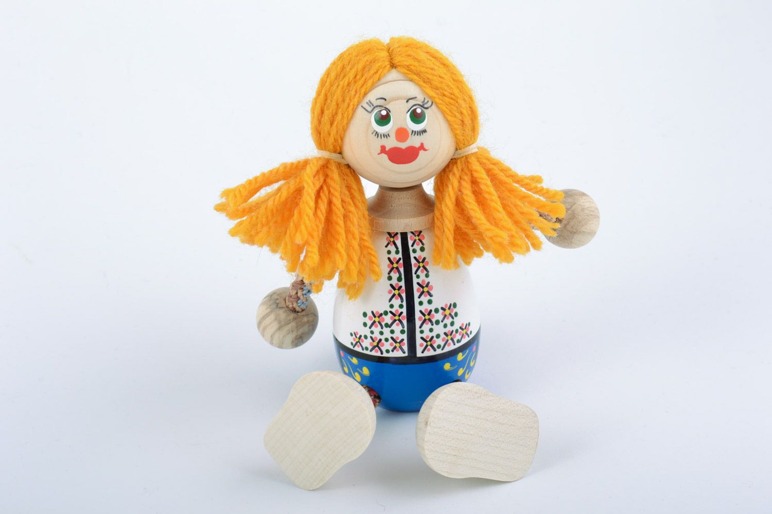Handmade small painted wooden eco toy girl with bright yellow hair for kids photo 4