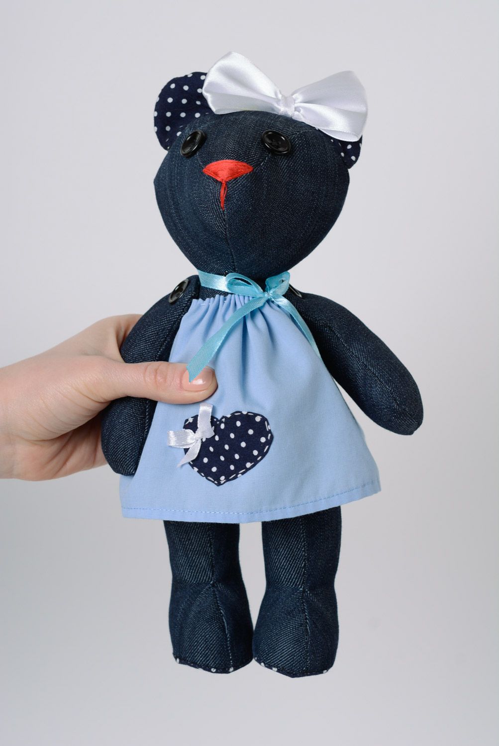 Мягкая игрушка из ткани ручной работы синяя медведица для детей и дома красивая фото 1