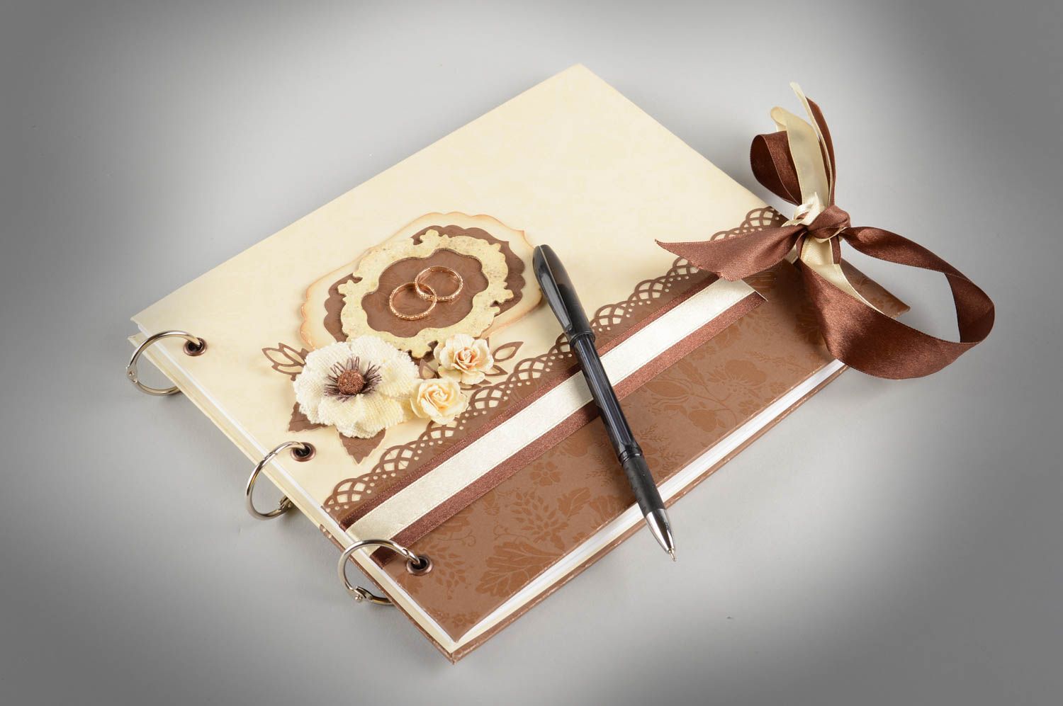 Libro de firmas para boda artesanal bonito marrón beige con cintas original foto 1