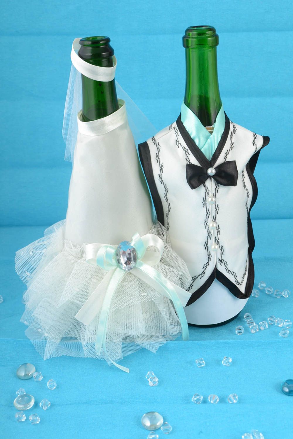 Unusual handmade designer wedding bottle covers set groom and bride photo 1