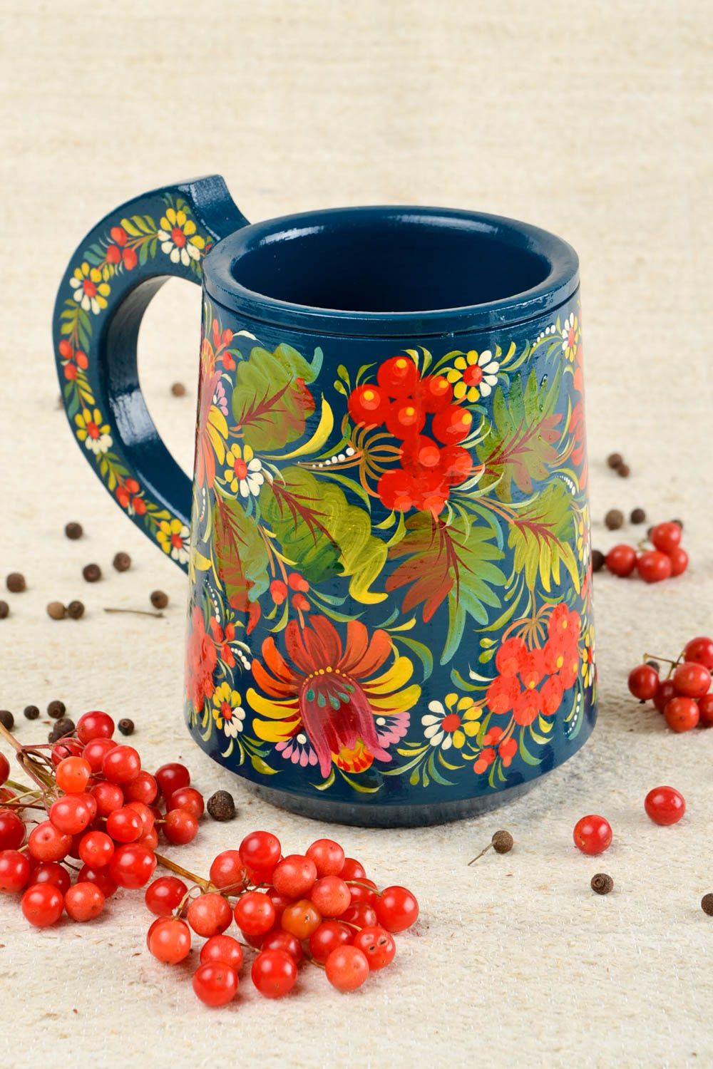 Tasse bois fait main Mug original bleu motif fleurs Vaisselle en bois décorative photo 1