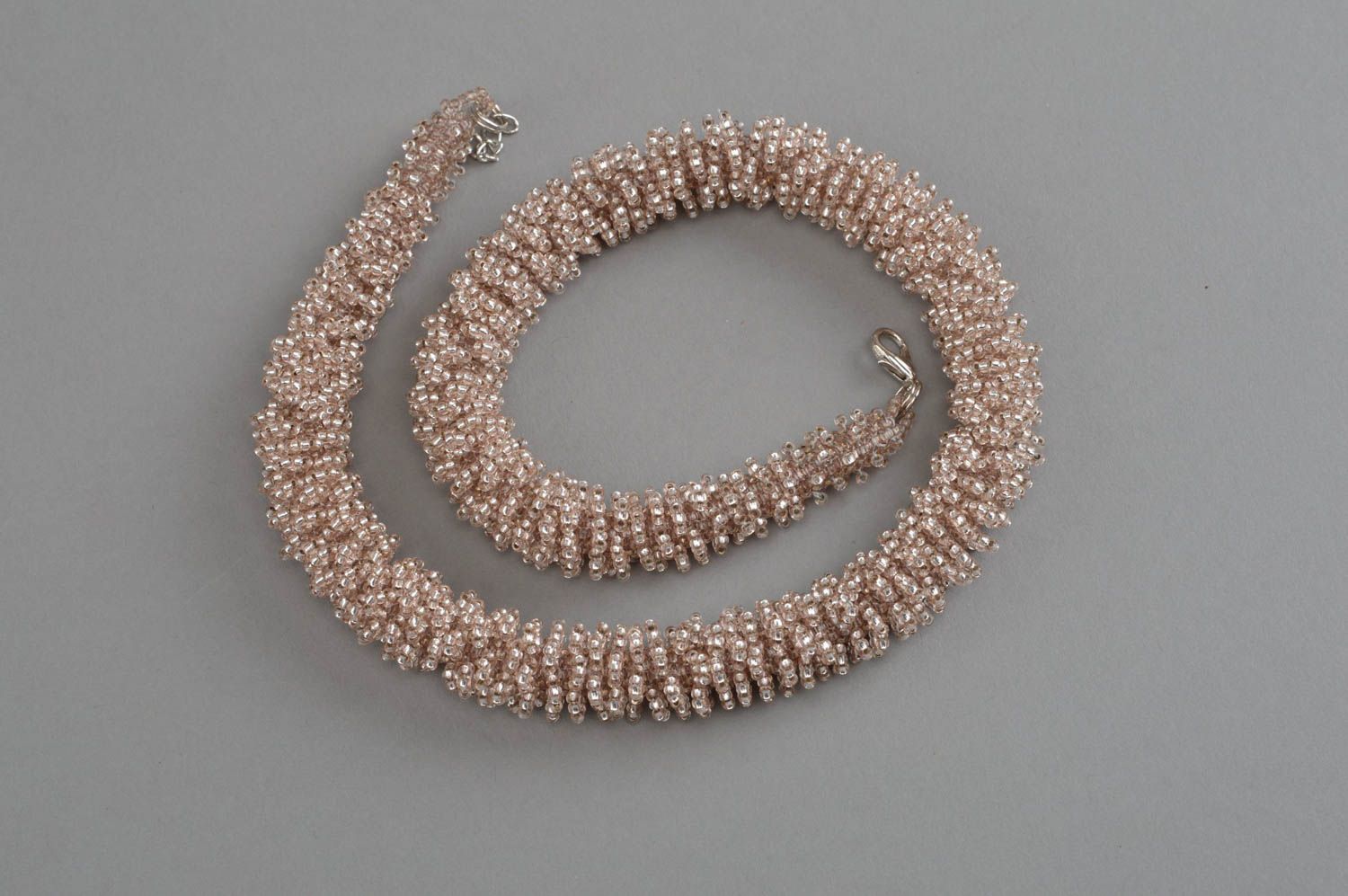 Beautiful woven beaded cord necklace of smoky pink color designer jewelry photo 3
