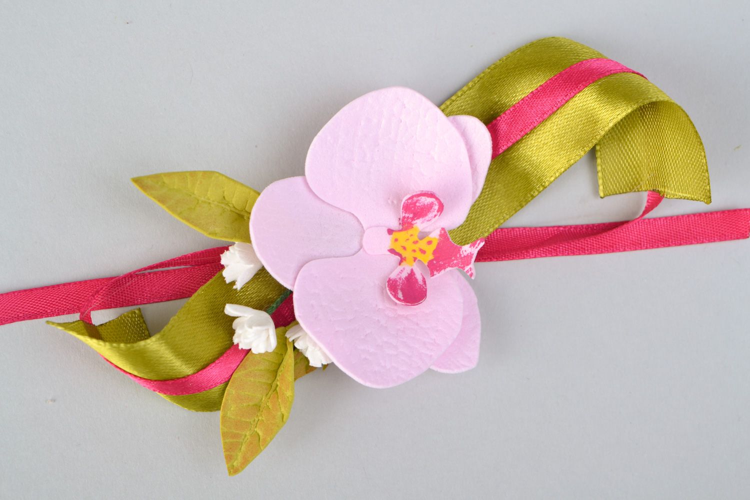 Handmade wedding wrist corsage with orchid flower made of foamiran for bridesmaid  photo 3