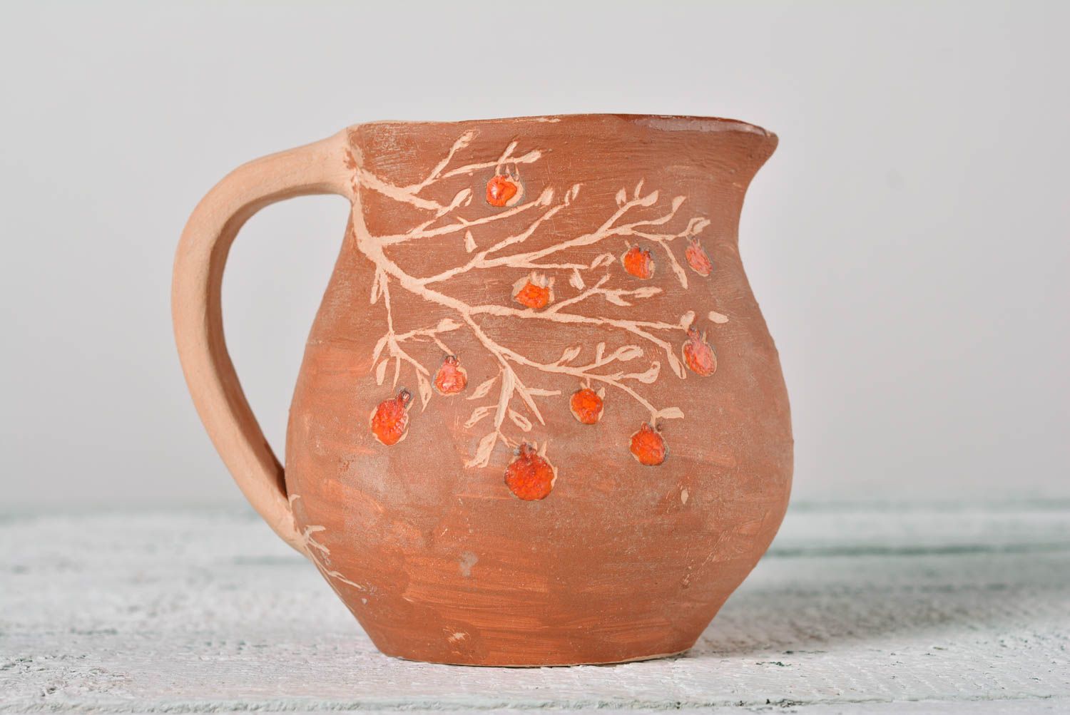 30 oz clay lead-free juice pitcher with a hand-painted ornament with handle 6 inches, 1,54 lb photo 1