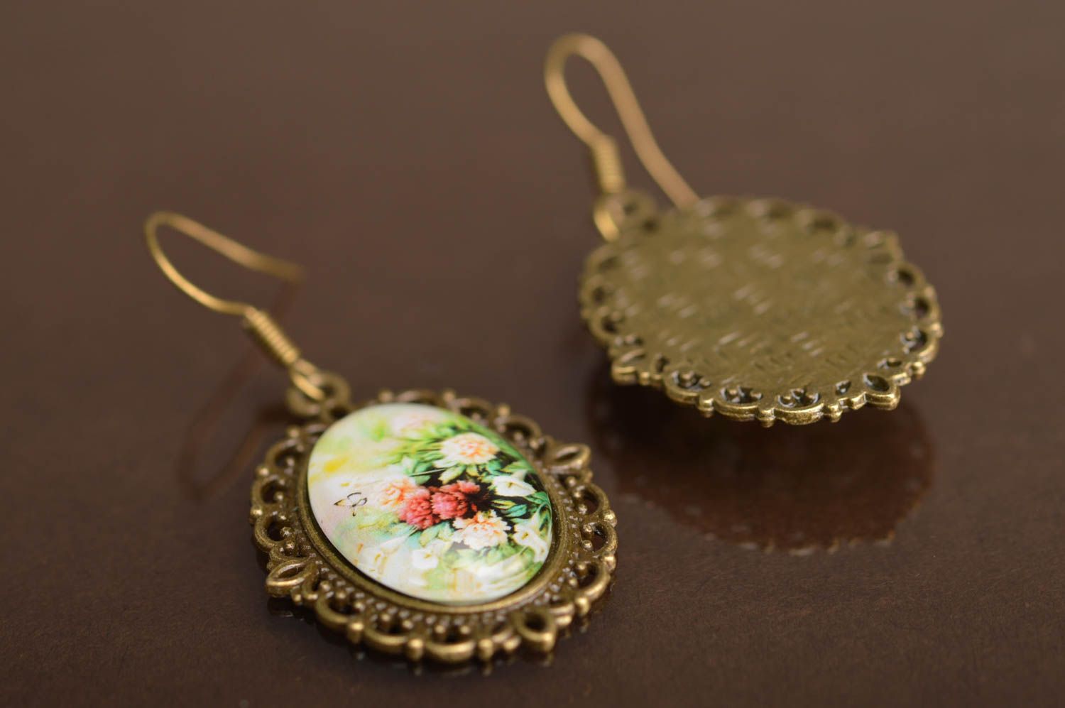 Handmade jewelry metal earrings with print in vintage style Garden photo 4