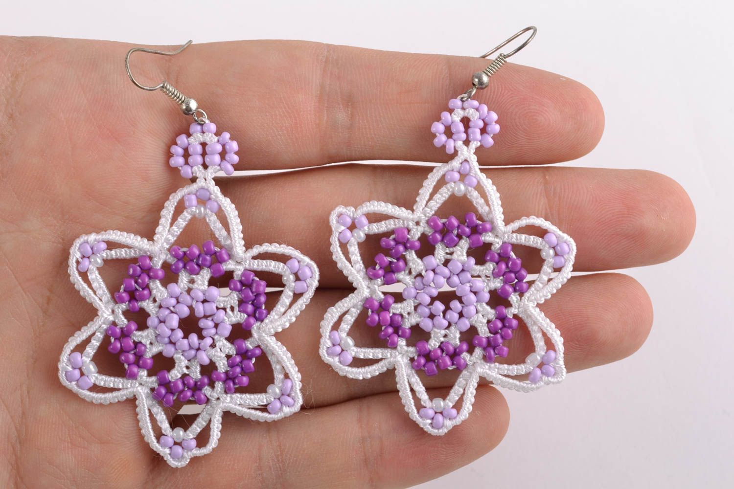 Tatting earrings with beads Violet Flower photo 2