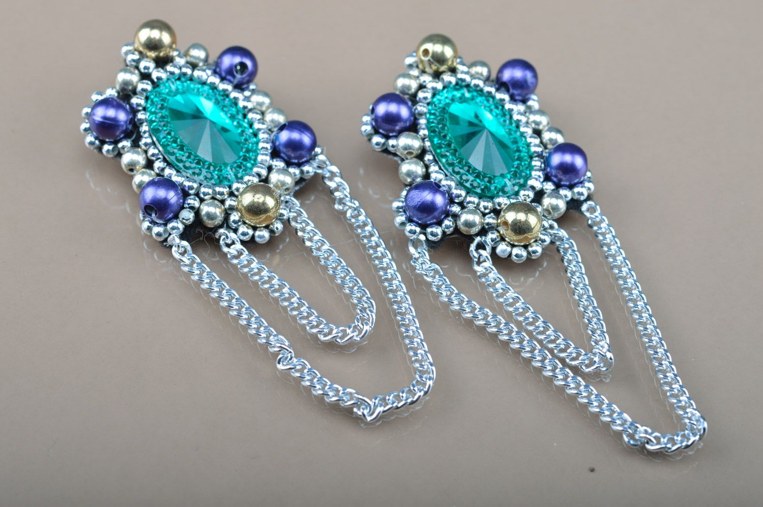 Handmade festive beaded earrings with rhinestones and chains on felt basis photo 1